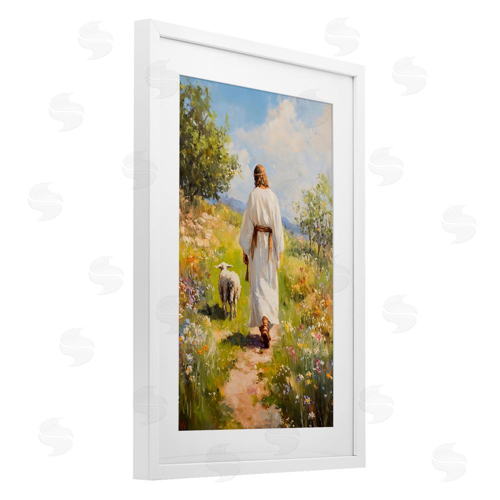 LSR Design Studio Jesus Leaving the Sheep White Framed Print Under Glass with Mat Wall Art