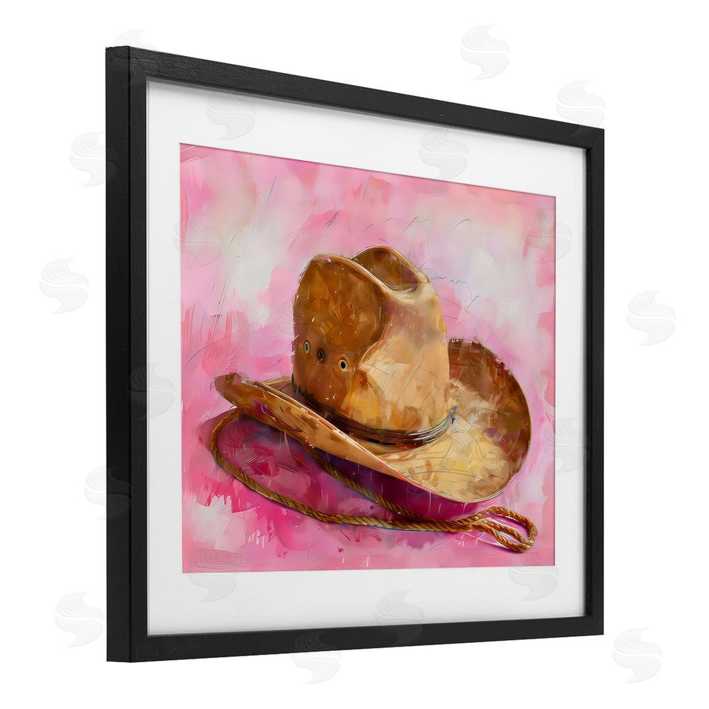 LSR Design Studio Cowgirl Hat over Pink Black Framed Print Under Glass with White Mat Wall Art