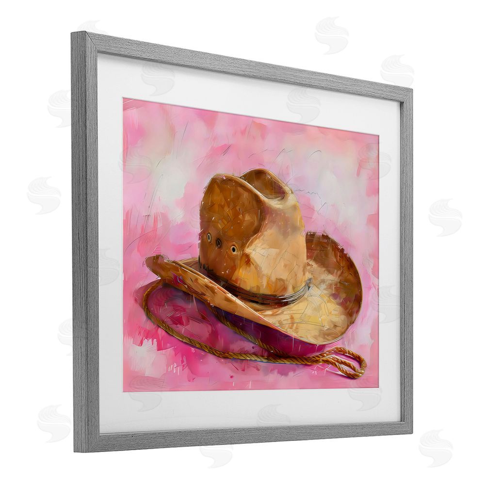 LSR Design Studio Cowgirl Hat over Pink Gray Framed Print Under Glass with White Mat Wall Art