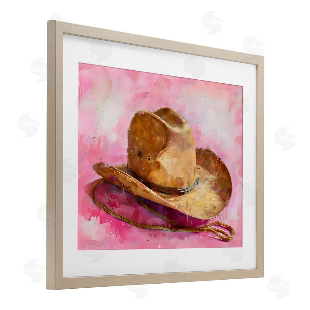 LSR Design Studio Cowgirl Hat over Pink Birch Framed Print Under Glass with White Mat Wall Art