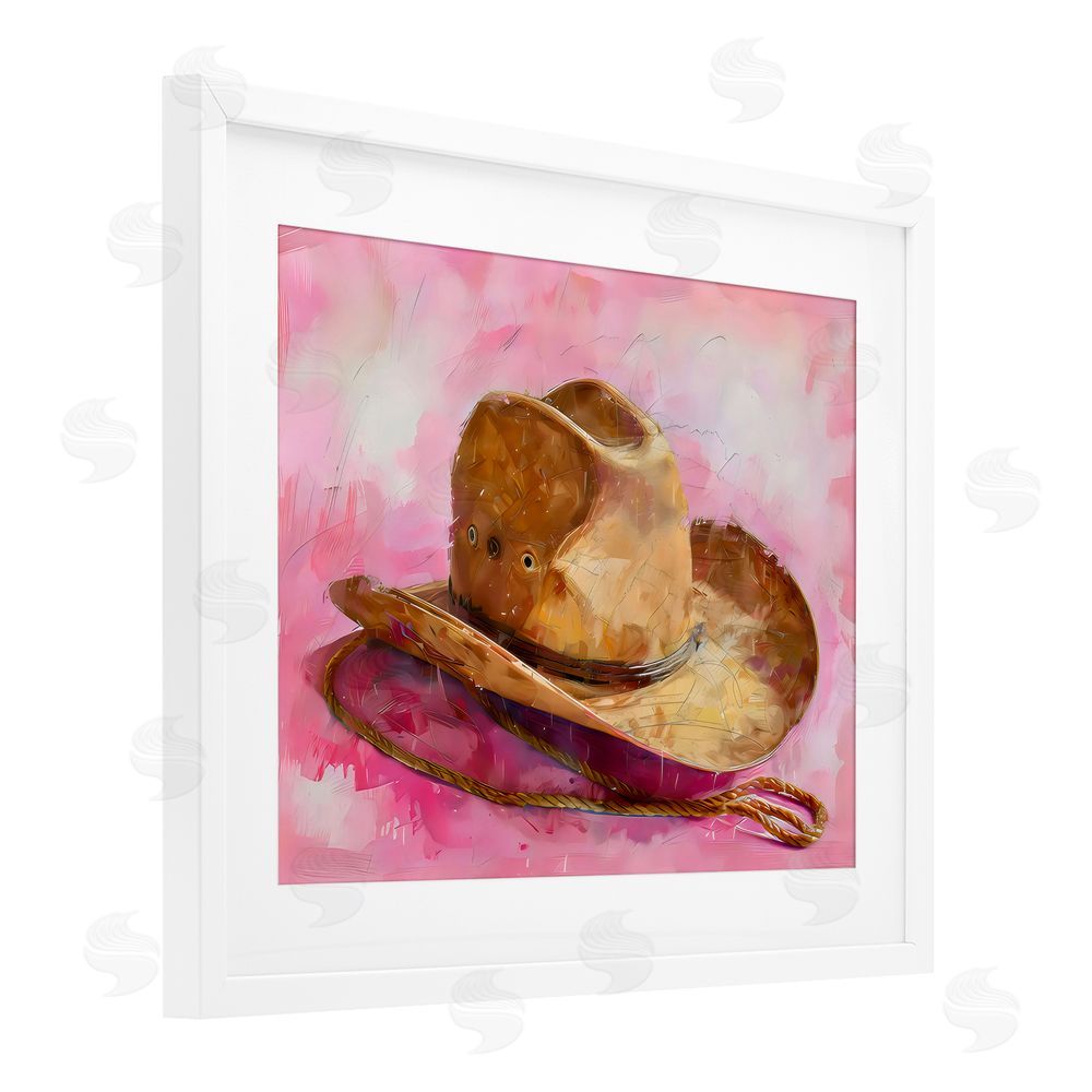 LSR Design Studio Cowgirl Hat over Pink White Framed Print Under Glass with Mat Wall Art
