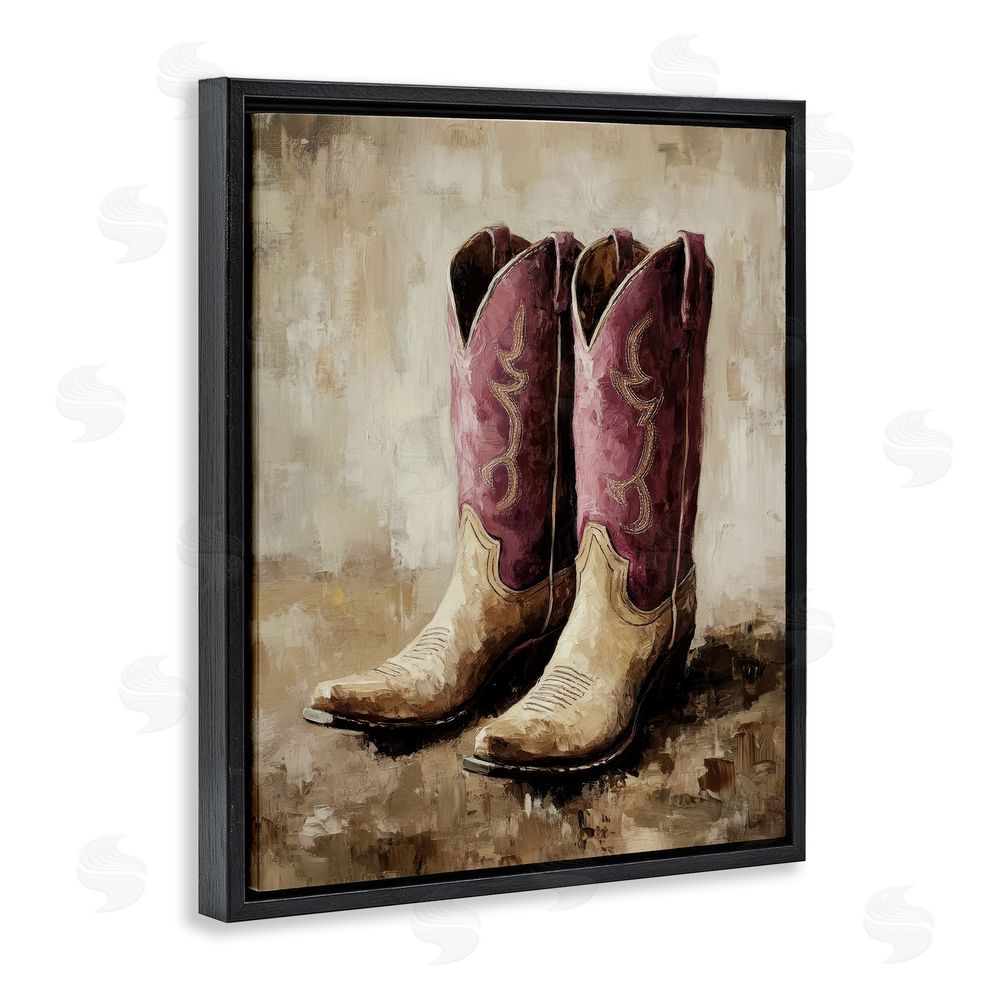 Petal Prints Design Distressed Purple Cowgirl Boots Black Floating Frame Canvas Wall Art Print