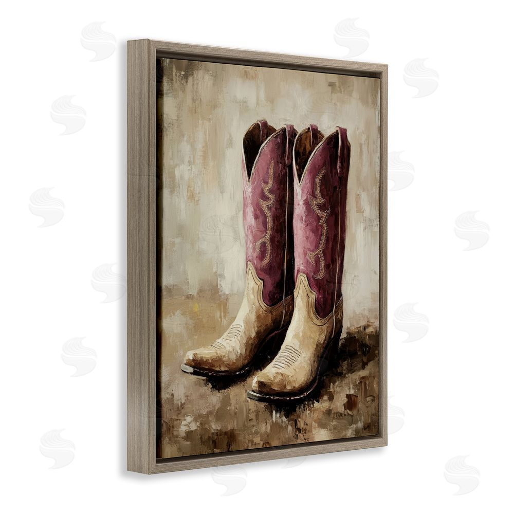 Petal Prints Design Distressed Purple Cowgirl Boots Brown Floating Frame Canvas Wall Art Print