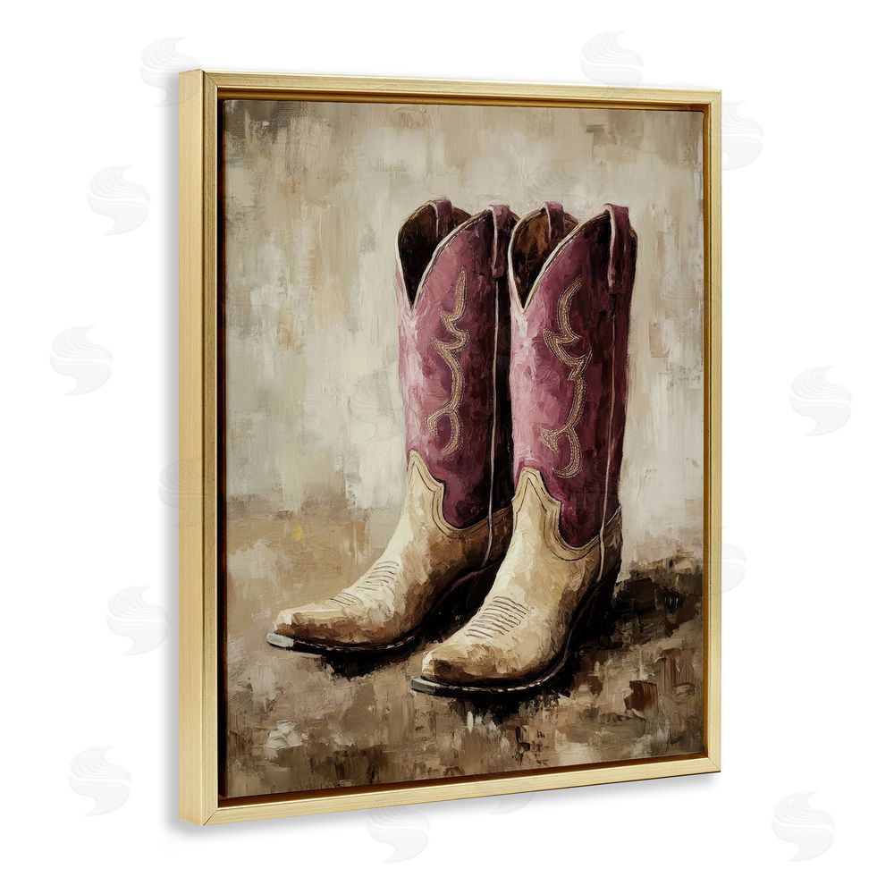 Petal Prints Design Distressed Purple Cowgirl Boots Gold Floating Frame Canvas Wall Art Print