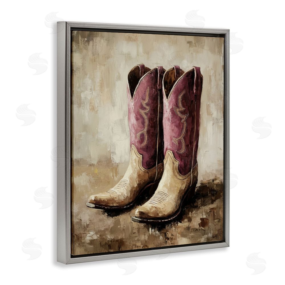 Petal Prints Design Distressed Purple Cowgirl Boots Gray Floating Frame Canvas Wall Art Print
