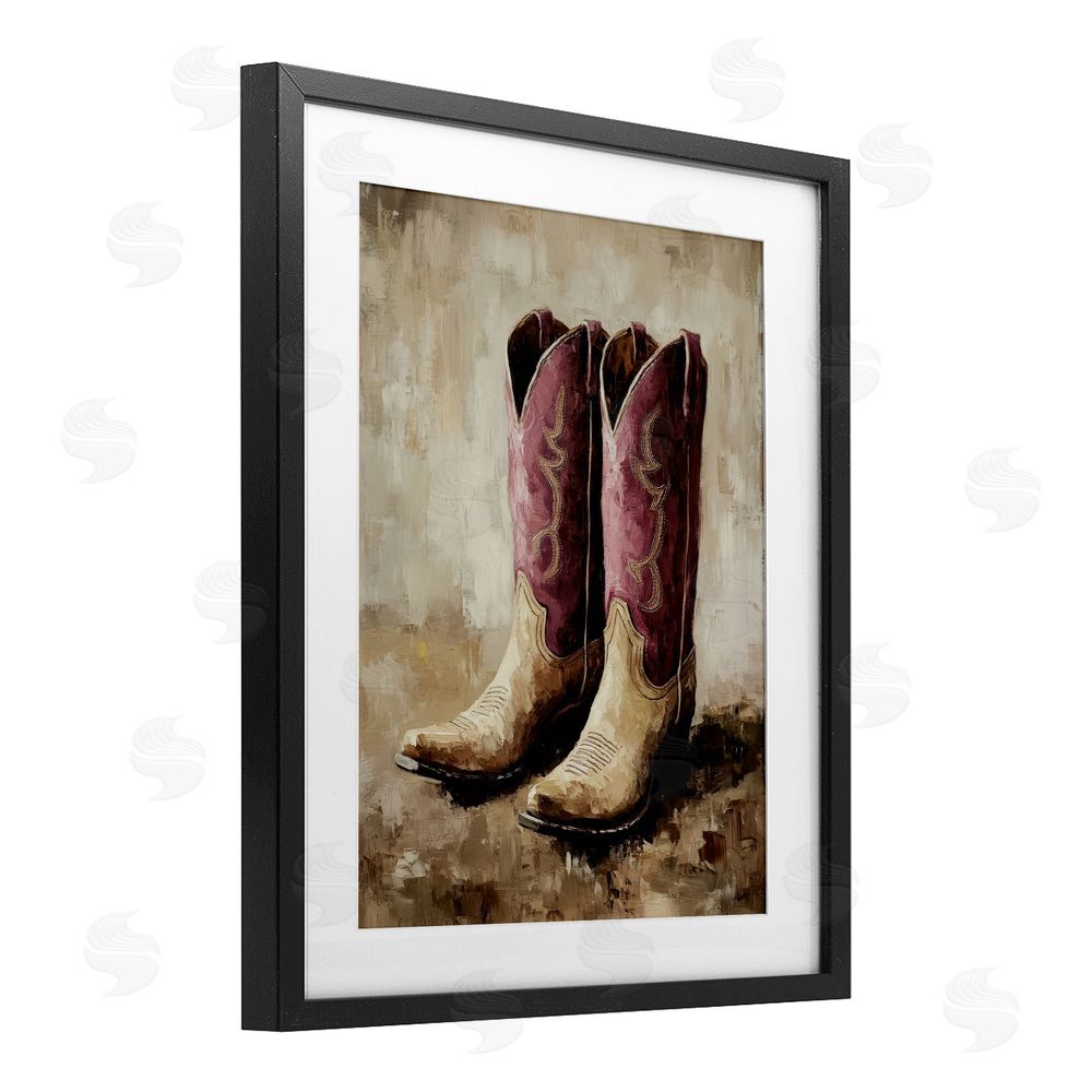 Petal Prints Design Distressed Purple Cowgirl Boots Black Framed Print Under Glass with White Mat Wall Art