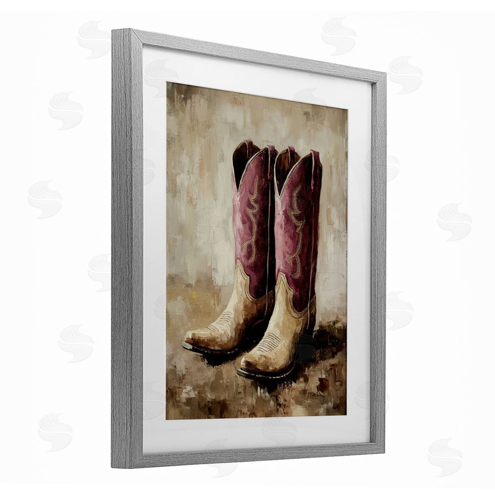 Petal Prints Design Distressed Purple Cowgirl Boots Gray Framed Print Under Glass with White Mat Wall Art