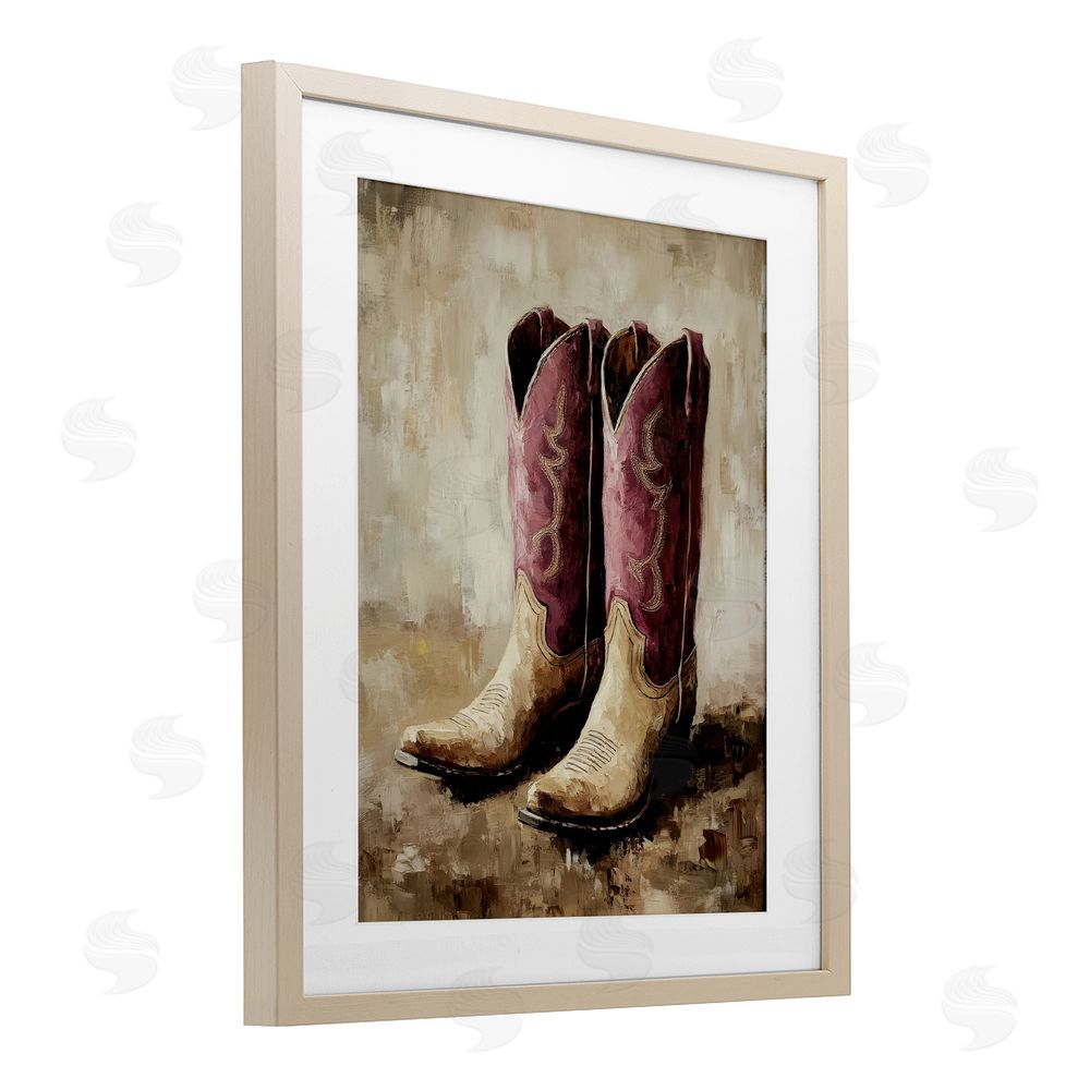 Petal Prints Design Distressed Purple Cowgirl Boots Birch Framed Print Under Glass with White Mat Wall Art