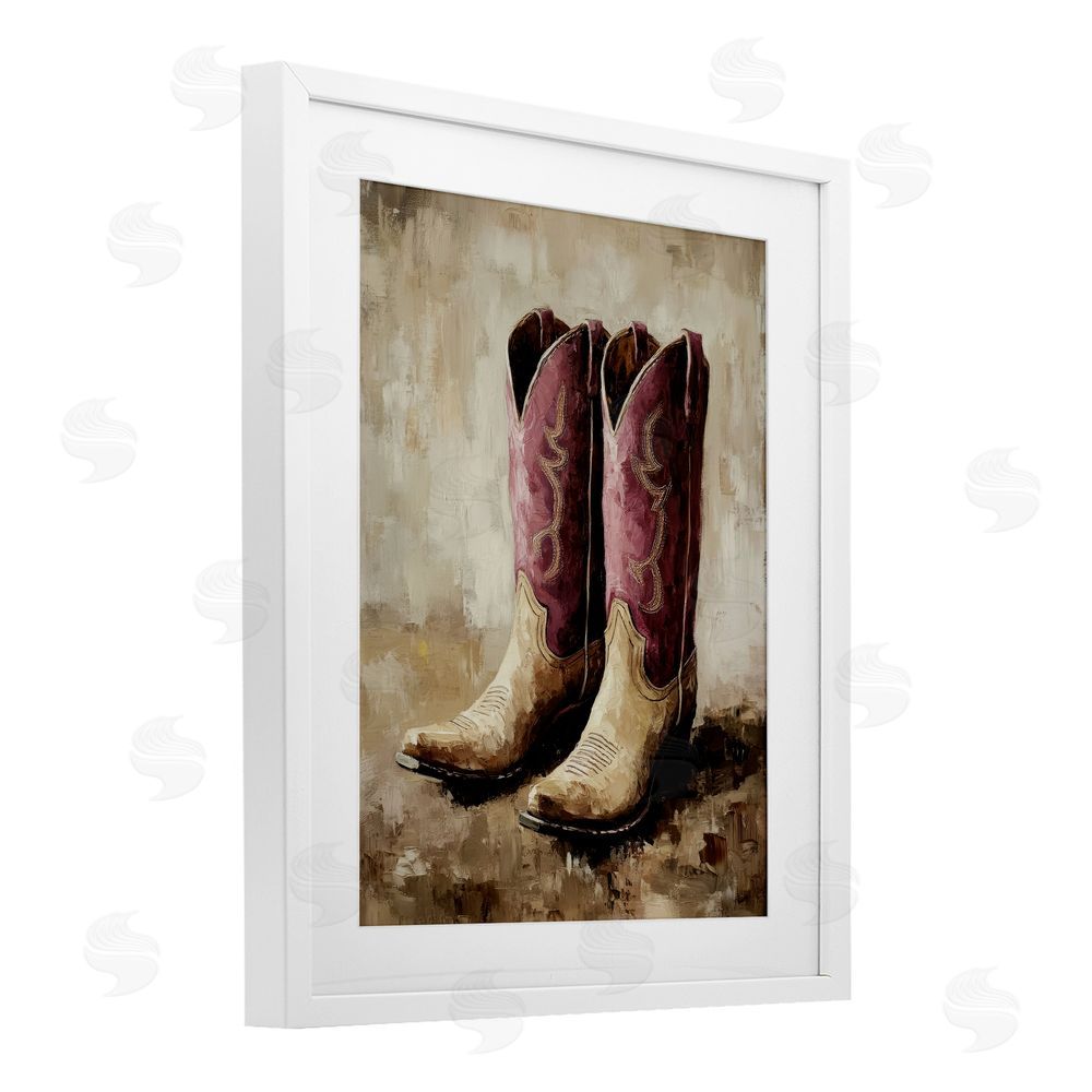 Petal Prints Design Distressed Purple Cowgirl Boots White Framed Print Under Glass with Mat Wall Art