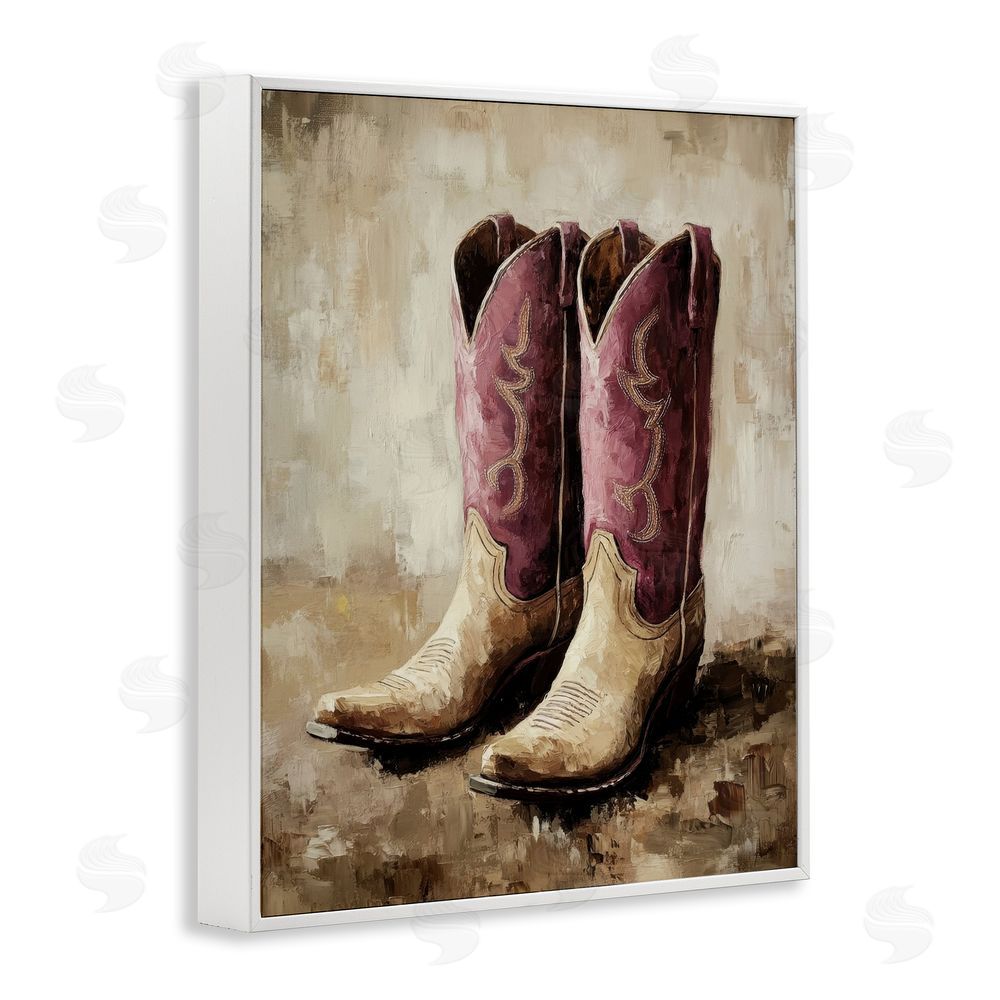 Petal Prints Design Distressed Purple Cowgirl Boots White Framed Giclee Wall Art Print