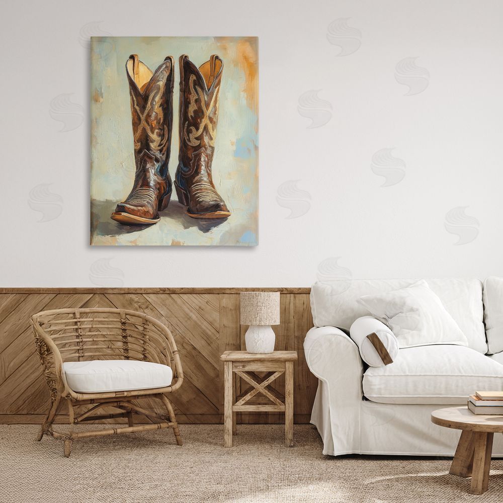 Petal Prints Design Cowboy Boots over Abstract Pattern Canvas Art on Wall