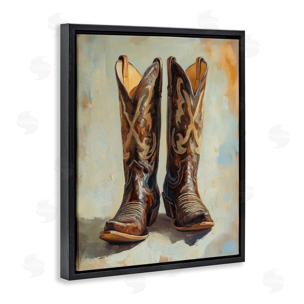 Petal Prints Design Cowboy Boots over Abstract Pattern Black Floating Frame Canvas Wall Art Print