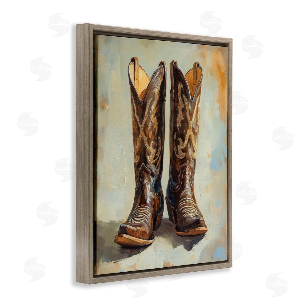Petal Prints Design Cowboy Boots over Abstract Pattern Brown Floating Frame Canvas Wall Art Print