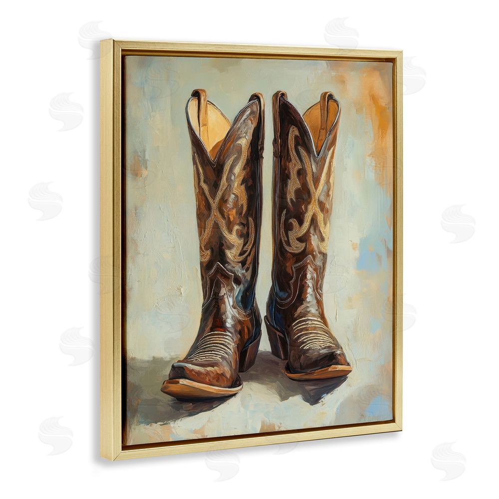 Petal Prints Design Cowboy Boots over Abstract Pattern Gold Floating Frame Canvas Wall Art Print