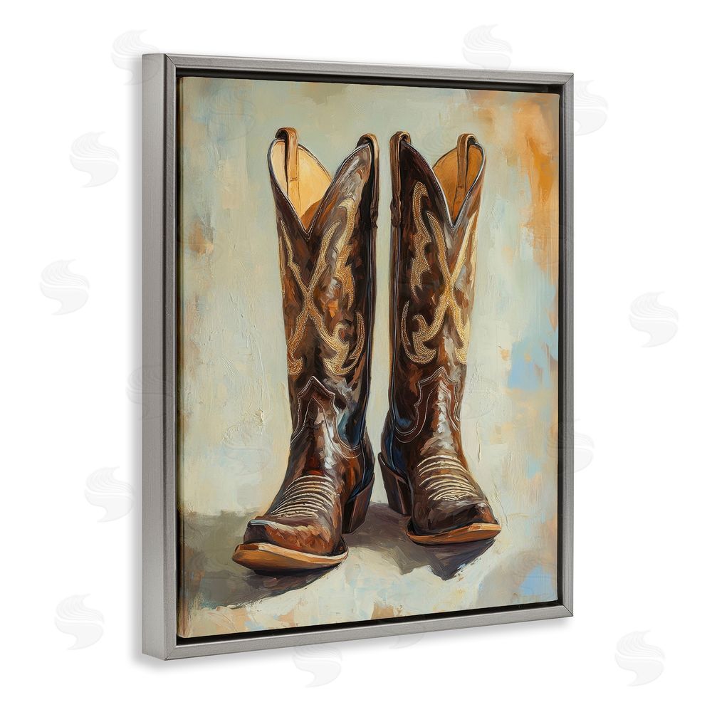 Petal Prints Design Cowboy Boots over Abstract Pattern Gray Floating Frame Canvas Wall Art Print