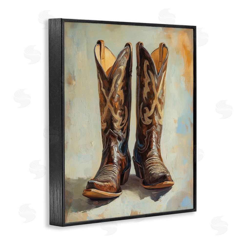 Petal Prints Design Cowboy Boots over Abstract Pattern Black Framed Giclee Wall Art Print