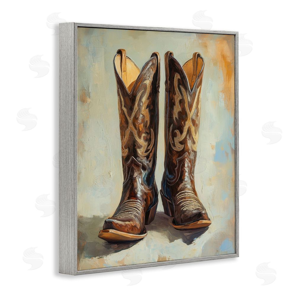 Petal Prints Design Cowboy Boots over Abstract Pattern Gray Framed Giclee Wall Art Print