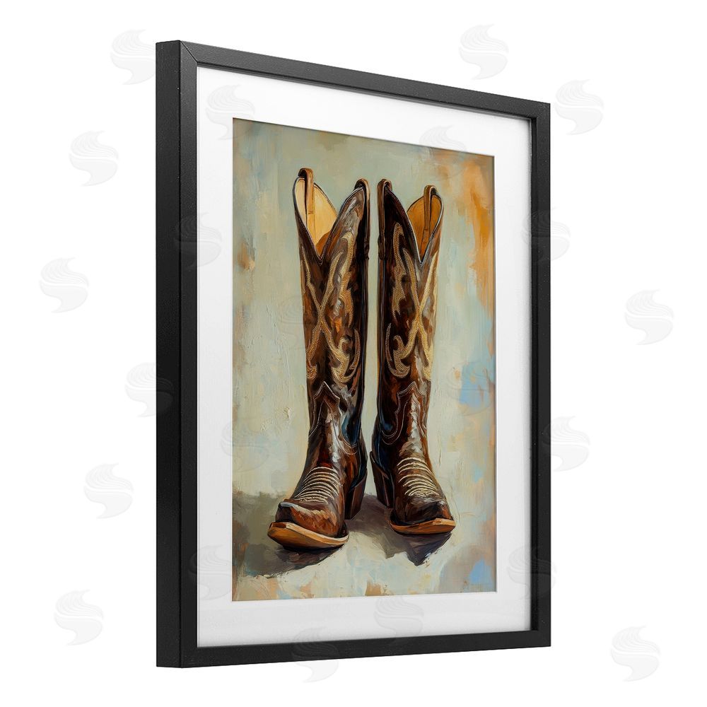 Petal Prints Design Cowboy Boots over Abstract Pattern Black Framed Print Under Glass with White Mat Wall Art