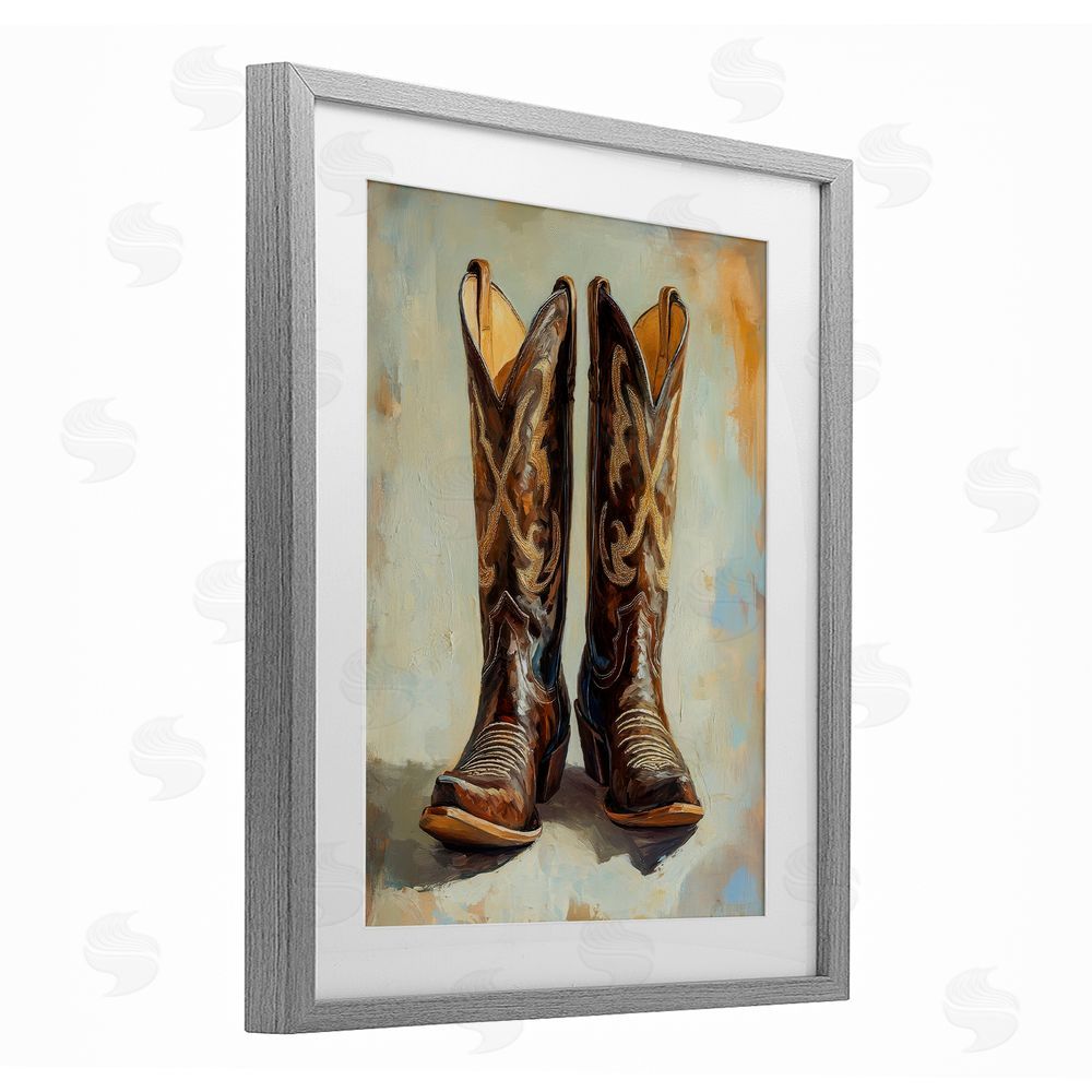 Petal Prints Design Cowboy Boots over Abstract Pattern Gray Framed Print Under Glass with White Mat Wall Art