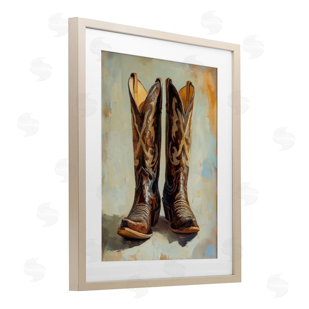 Petal Prints Design Cowboy Boots over Abstract Pattern Birch Framed Print Under Glass with White Mat Wall Art