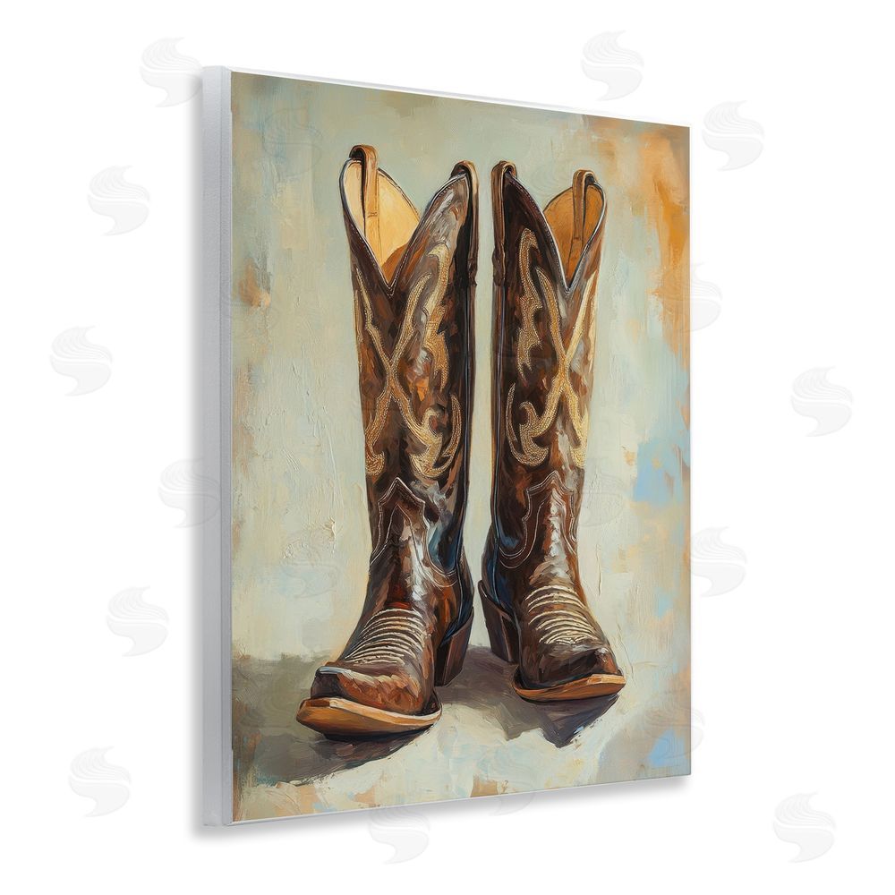 Petal Prints Design Cowboy Boots over Abstract Pattern Wall Plaque Art Print