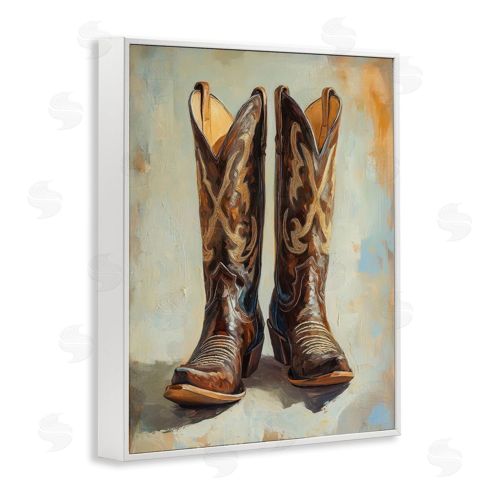 Petal Prints Design Cowboy Boots over Abstract Pattern White Framed Giclee Wall Art Print