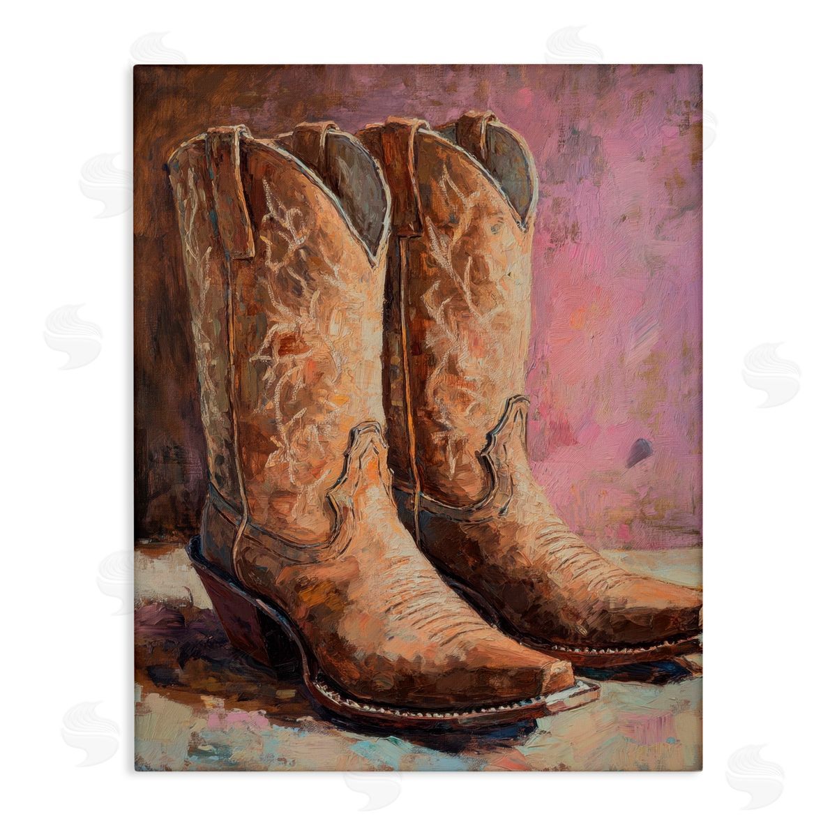 Petal Prints Design Distressed Brown Cowboy Boots Canvas Wall Art Print