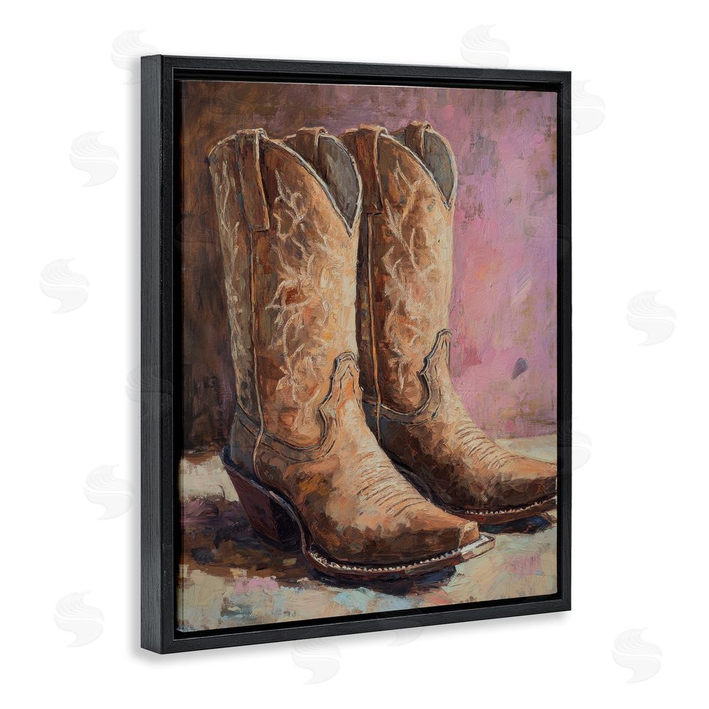 Petal Prints Design Distressed Brown Cowboy Boots Black Floating Frame Canvas Wall Art Print