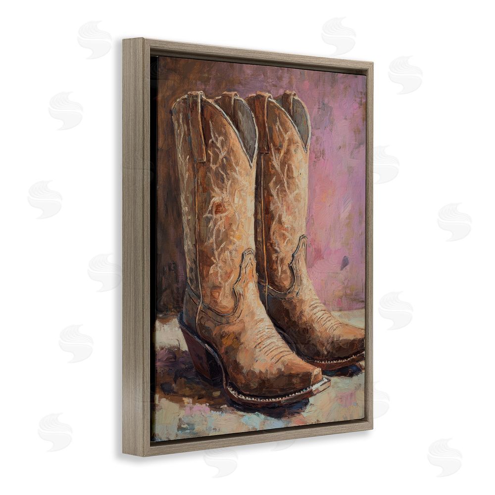 Petal Prints Design Distressed Brown Cowboy Boots Brown Floating Frame Canvas Wall Art Print
