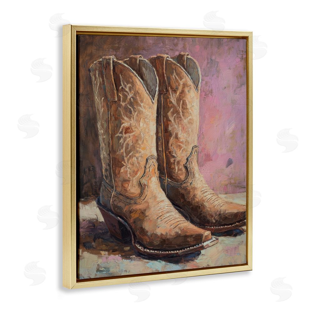 Petal Prints Design Distressed Brown Cowboy Boots Gold Floating Frame Canvas Wall Art Print