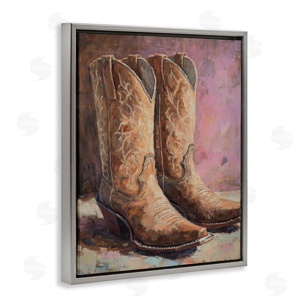 Petal Prints Design Distressed Brown Cowboy Boots Gray Floating Frame Canvas Wall Art Print