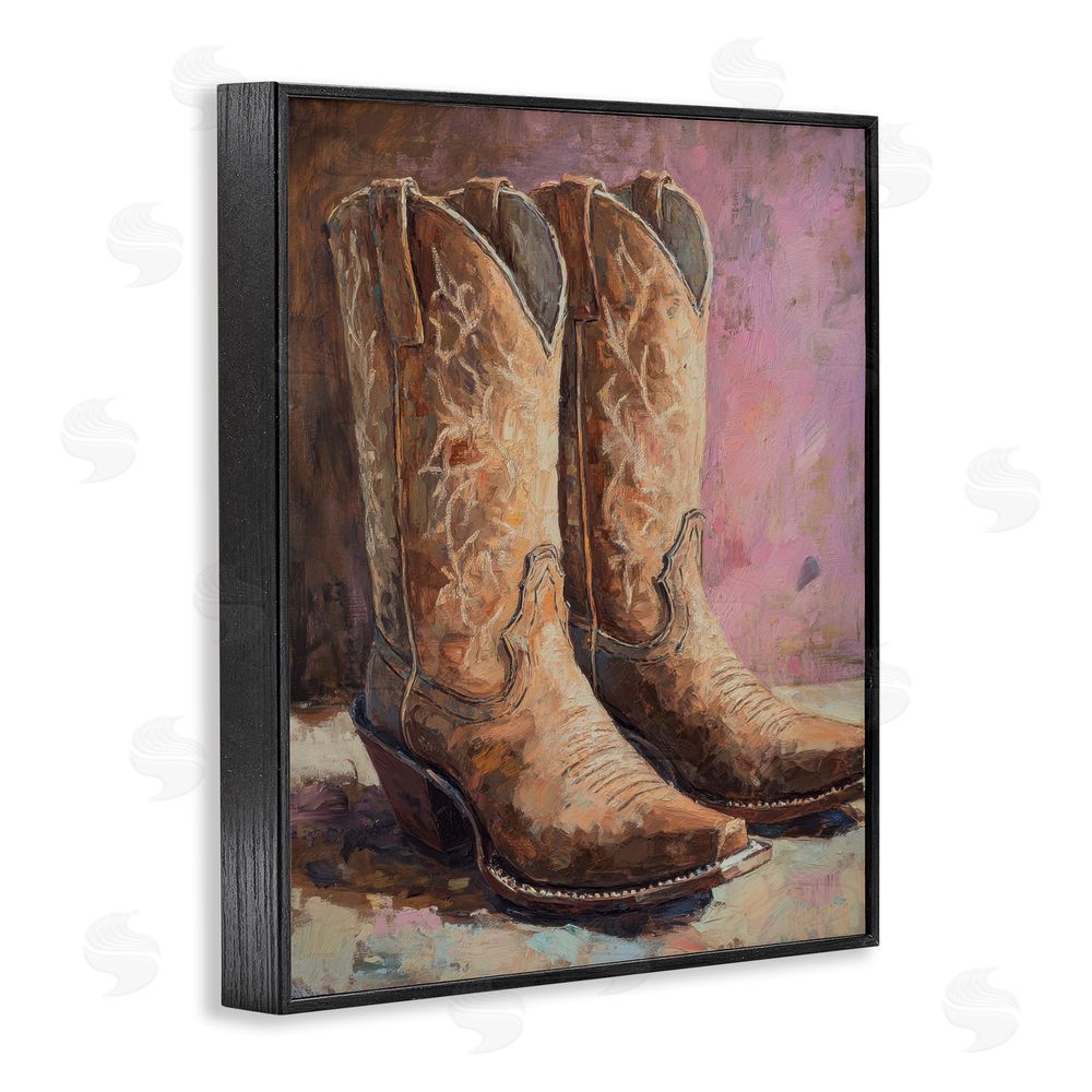 Petal Prints Design Distressed Brown Cowboy Boots Black Framed Giclee Wall Art Print