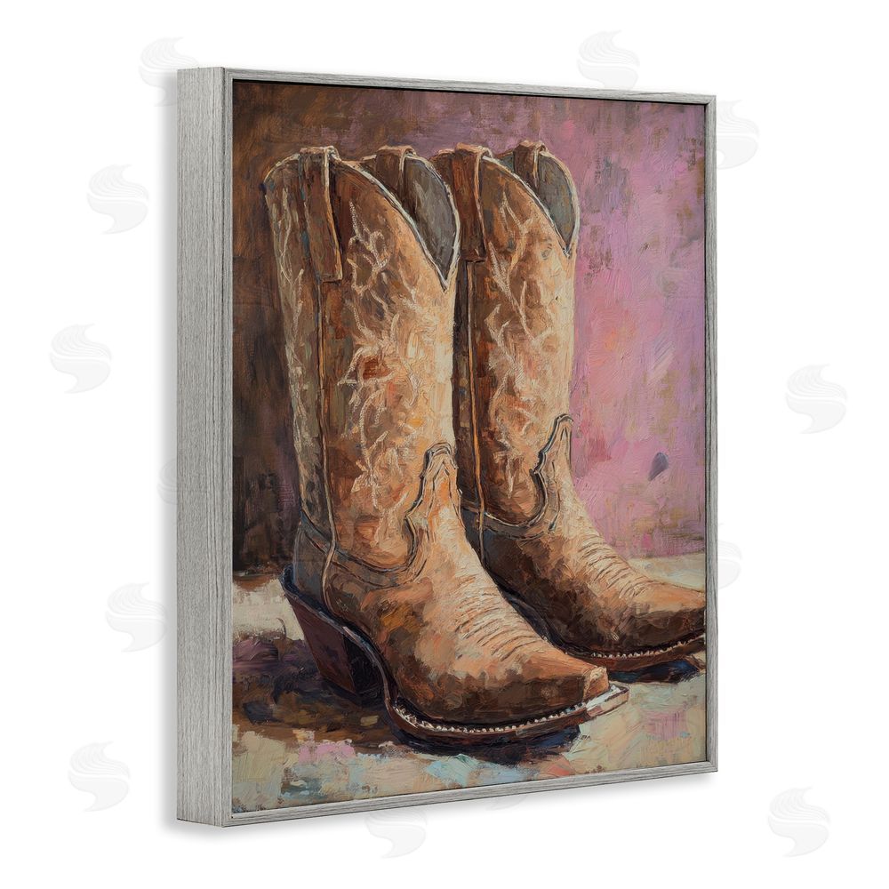 Petal Prints Design Distressed Brown Cowboy Boots Gray Framed Giclee Wall Art Print