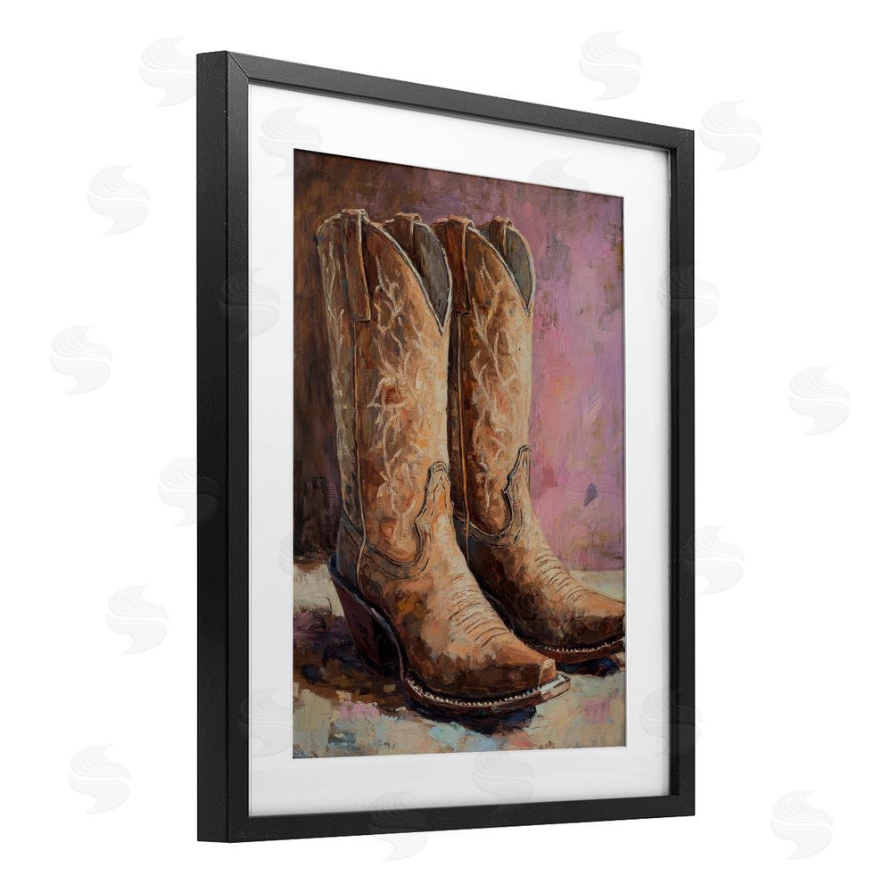 Petal Prints Design Distressed Brown Cowboy Boots Black Framed Print Under Glass with White Mat Wall Art