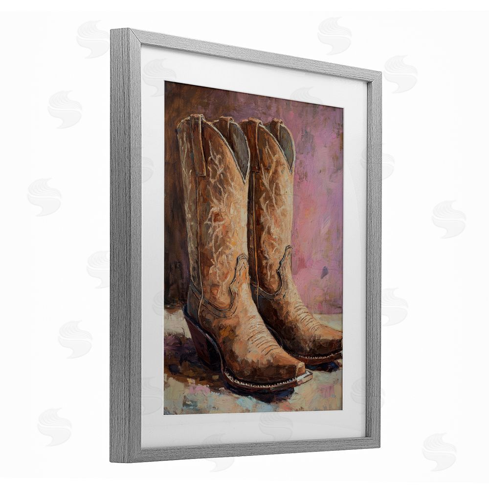 Petal Prints Design Distressed Brown Cowboy Boots Gray Framed Print Under Glass with White Mat Wall Art