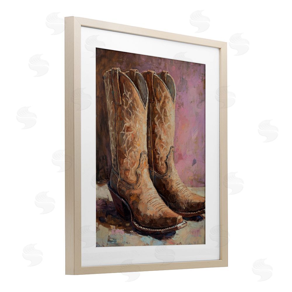 Petal Prints Design Distressed Brown Cowboy Boots Birch Framed Print Under Glass with White Mat Wall Art