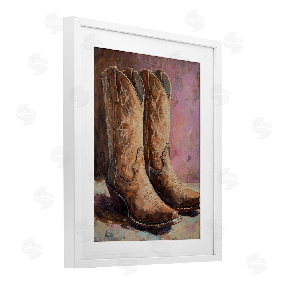 Petal Prints Design Distressed Brown Cowboy Boots White Framed Print Under Glass with Mat Wall Art