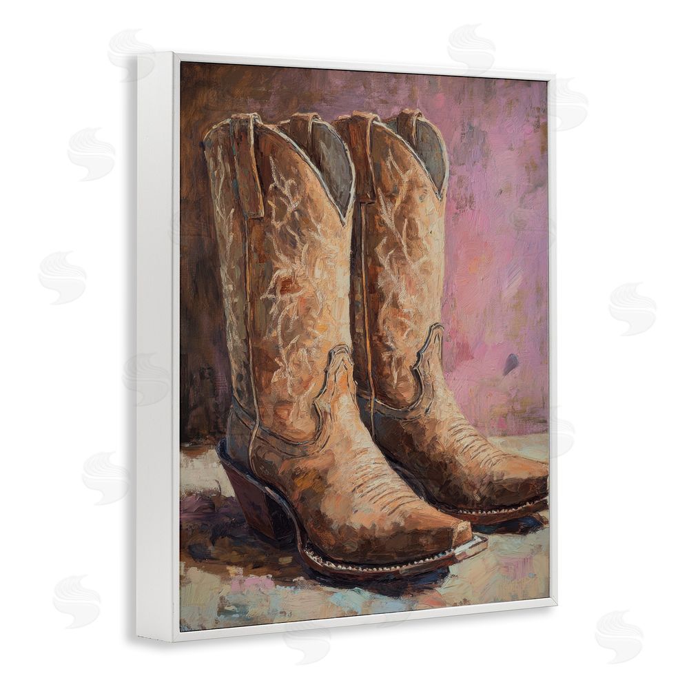 Petal Prints Design Distressed Brown Cowboy Boots White Framed Giclee Wall Art Print