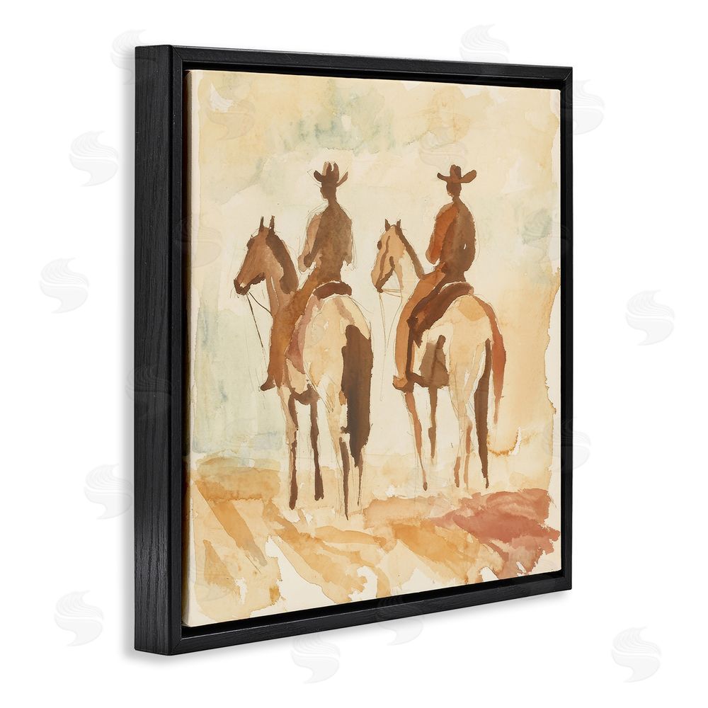Petal Prints Design Western Watercolor Cowboys Left Black Floating Frame Canvas Wall Art Print