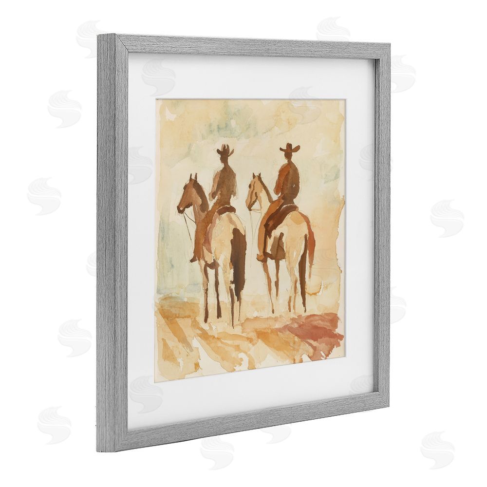 Petal Prints Design Western Watercolor Cowboys Left Gray Framed Print Under Glass with White Mat Wall Art