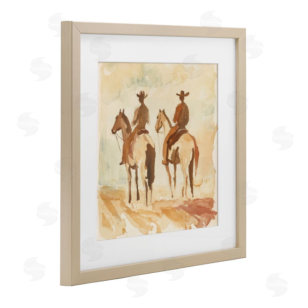 Petal Prints Design Western Watercolor Cowboys Left Birch Framed Print Under Glass with White Mat Wall Art