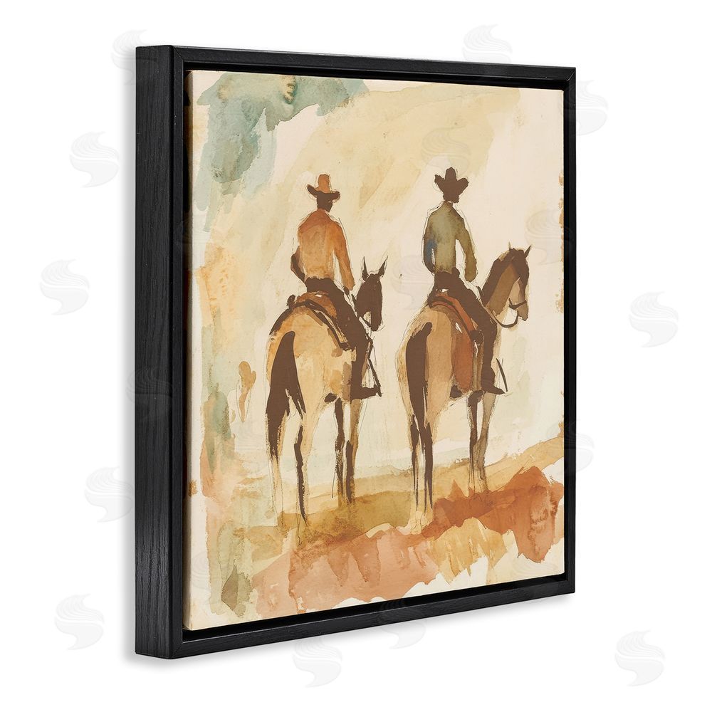 Petal Prints Design Western Watercolor Cowboys Right Black Floating Frame Canvas Wall Art Print