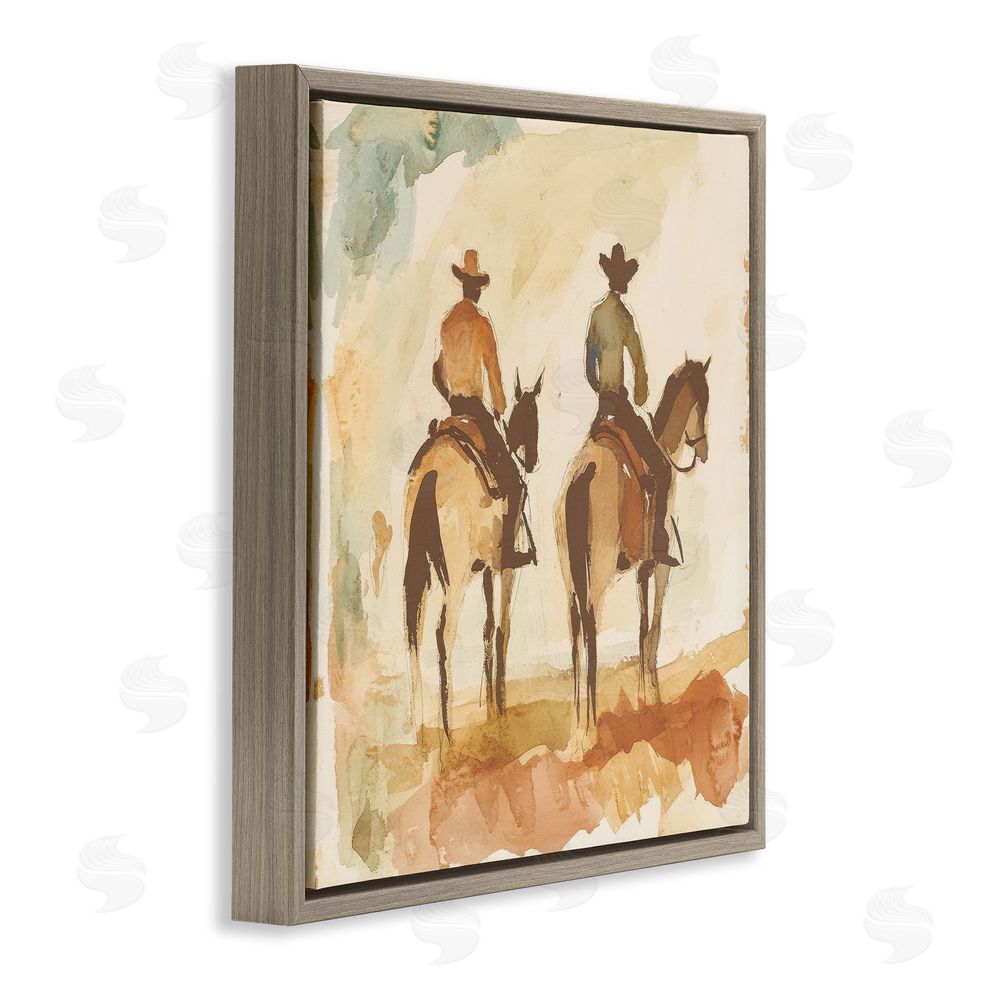 Petal Prints Design Western Watercolor Cowboys Right Brown Floating Frame Canvas Wall Art Print