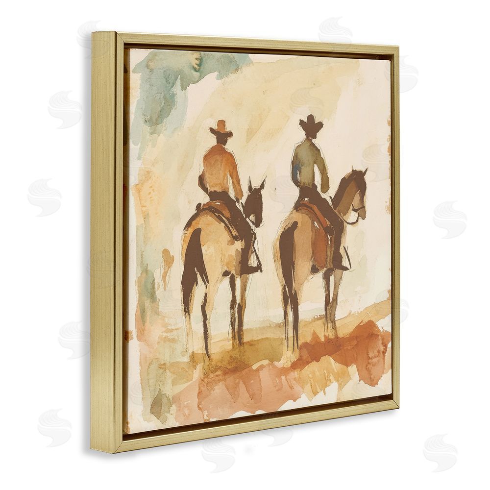 Petal Prints Design Western Watercolor Cowboys Right Gold Floating Frame Canvas Wall Art Print
