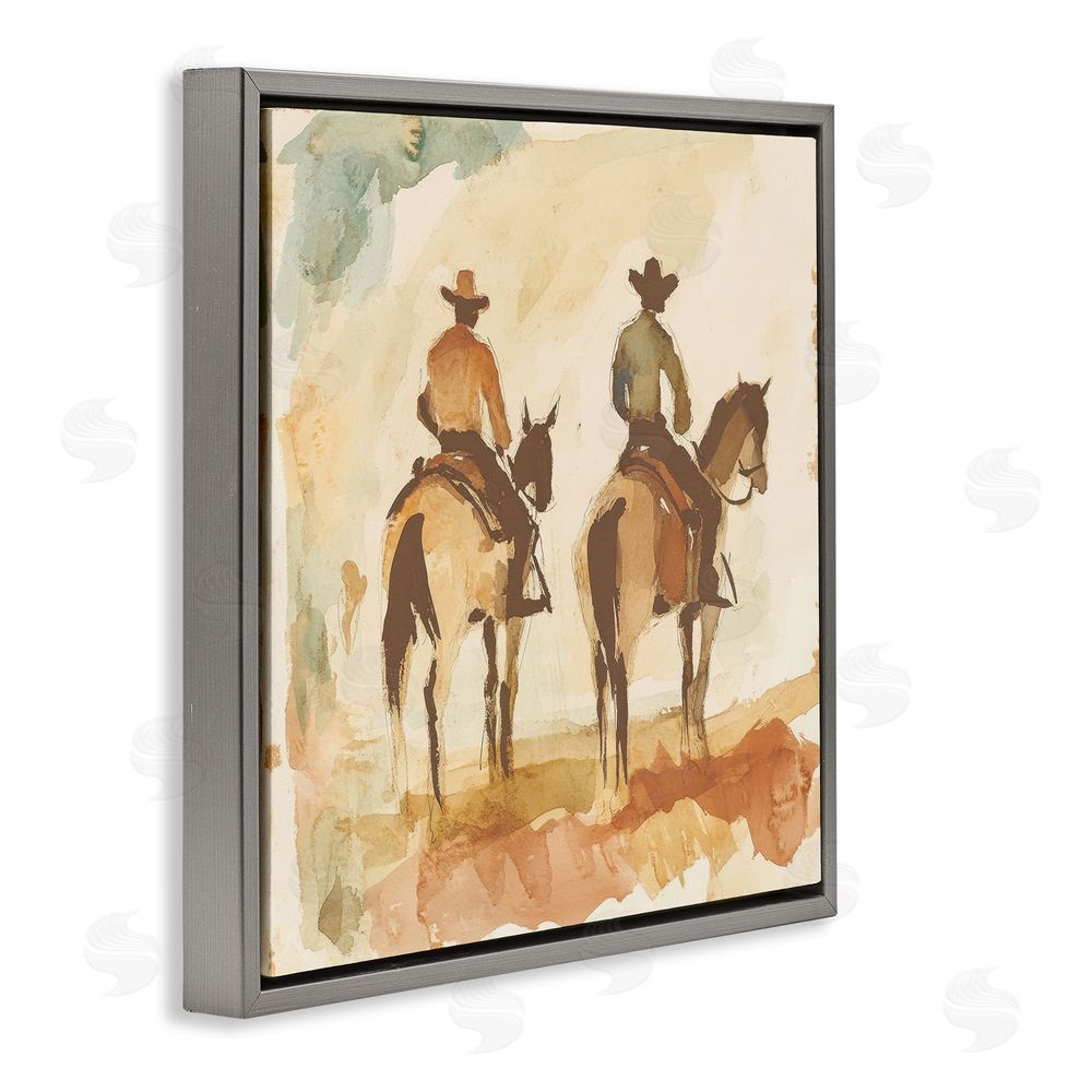 Petal Prints Design Western Watercolor Cowboys Right Gray Floating Frame Canvas Wall Art Print