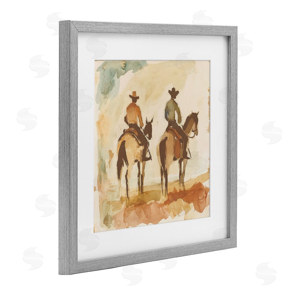 Petal Prints Design Western Watercolor Cowboys Right Gray Framed Print Under Glass with White Mat Wall Art