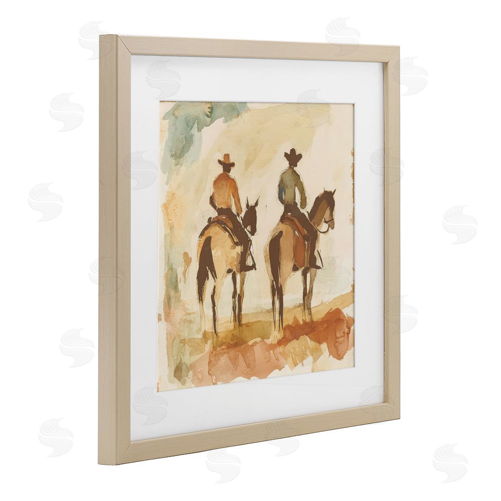 Petal Prints Design Western Watercolor Cowboys Right Birch Framed Print Under Glass with White Mat Wall Art