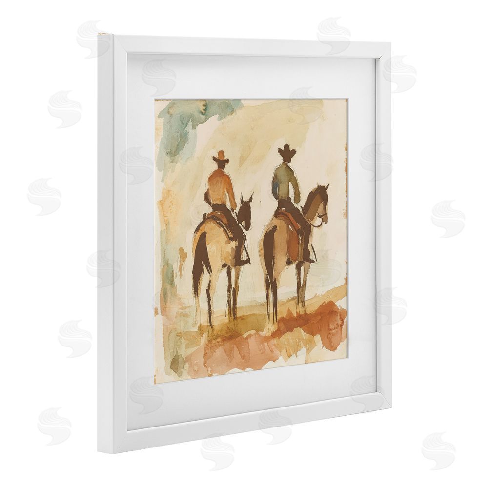 Petal Prints Design Western Watercolor Cowboys Right White Framed Print Under Glass with Mat Wall Art