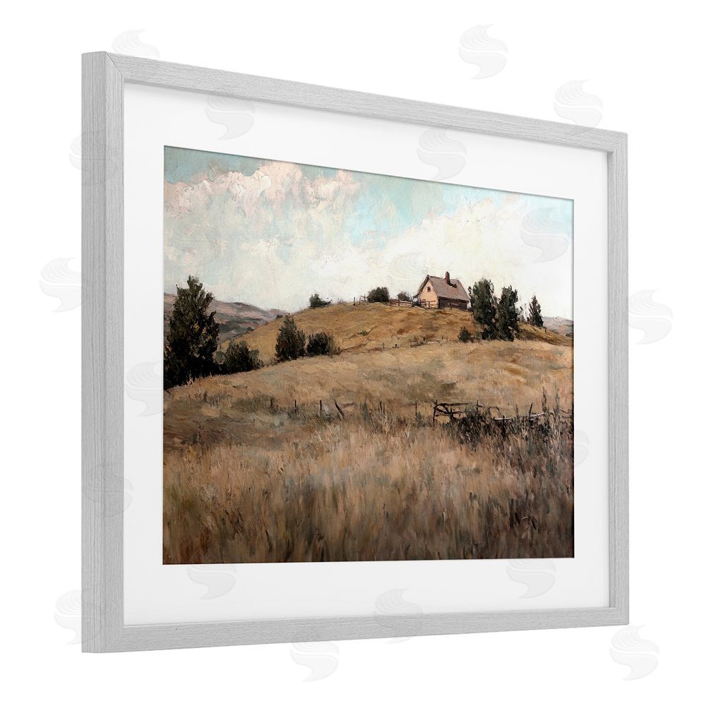 Petal Prints Design Western Landscape Rolling Hill Gray Framed Print Under Glass with White Mat Wall Art