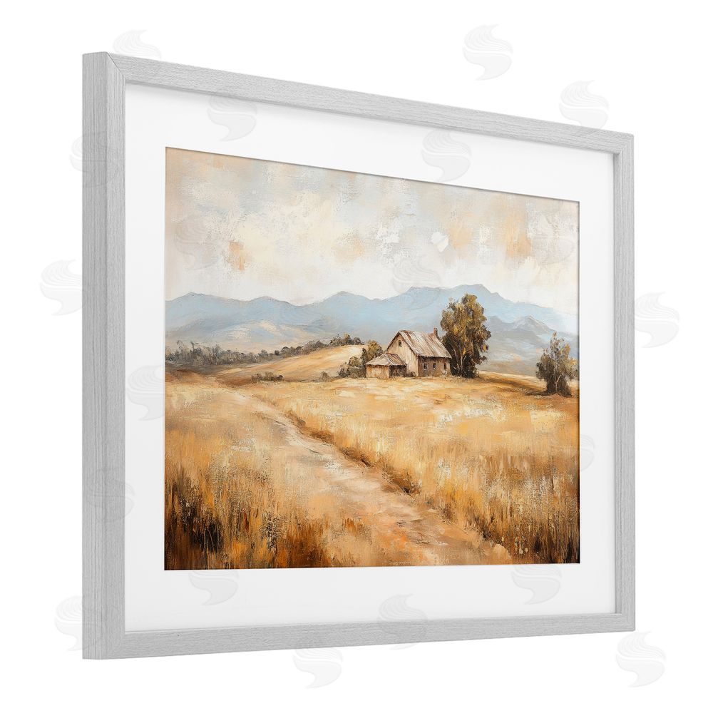 Petal Prints Design Western Landscape Open Field Gray Framed Print Under Glass with White Mat Wall Art